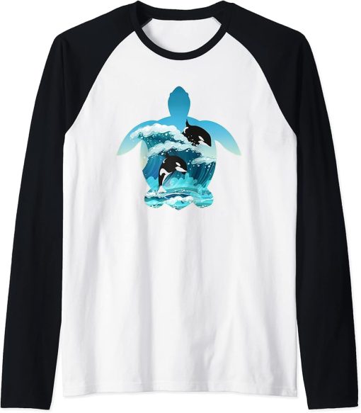 Killer Whales in waves with a turtle, Ocean life, Orcas Raglan Baseball Tee