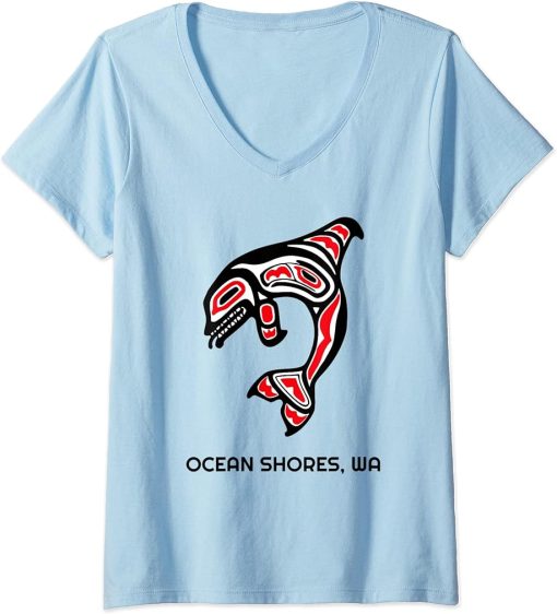 Womens Ocean Shores, Washington Native American Orca Killer Whales V-Neck T-Shirt